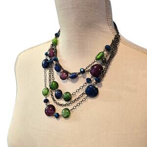 Vintage Necklace Multi Strand Green Blue Purple Glass Beads Boho Statement 22"